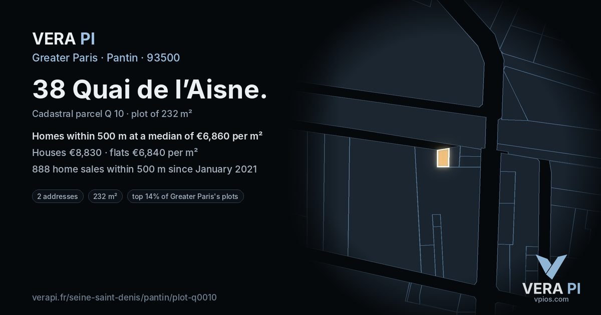38 Quai de l’Aisne, Pantin at night – the plot lit, the parcels around coloured by the prices near them