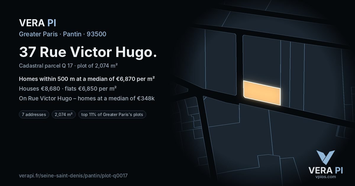 37 Rue Victor Hugo, Pantin at night – the plot lit, the parcels around coloured by the prices near them