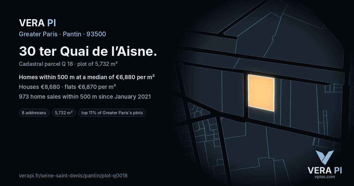 30 ter Quai de l’Aisne, Pantin at night – the plot lit, the parcels around coloured by the prices near them
