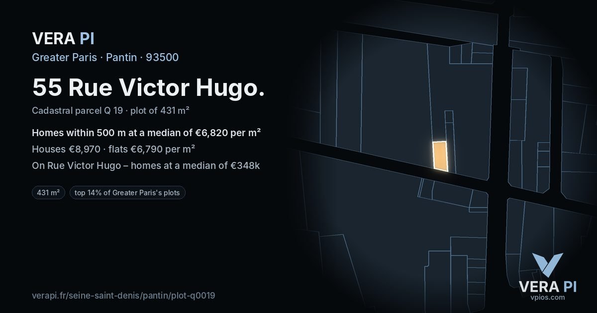 55 Rue Victor Hugo, Pantin at night – the plot lit, the parcels around coloured by the prices near them