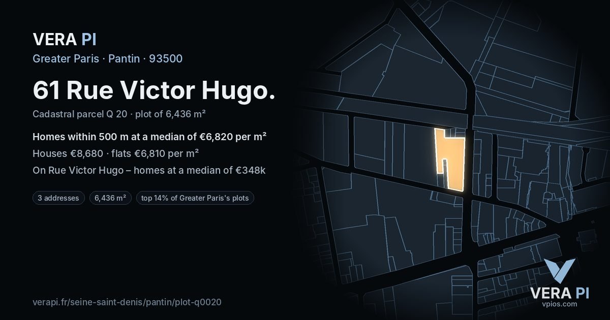 61 Rue Victor Hugo, Pantin at night – the plot lit, the parcels around coloured by the prices near them