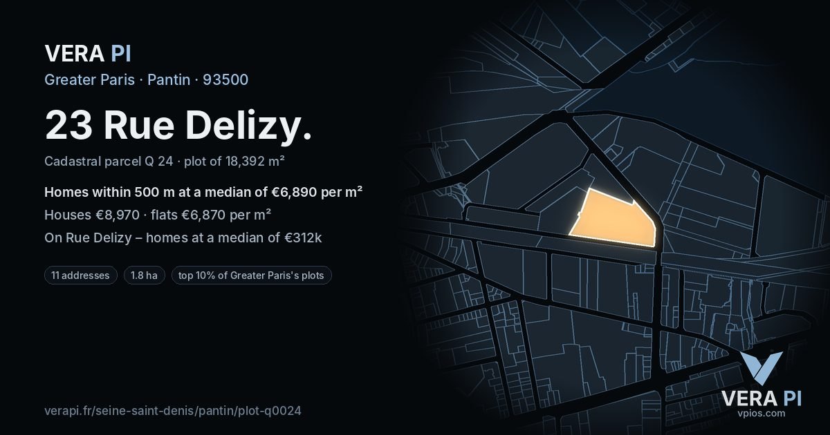 23 Rue Delizy, Pantin at night – the plot lit, the parcels around coloured by the prices near them