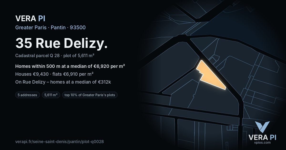 35 Rue Delizy, Pantin at night – the plot lit, the parcels around coloured by the prices near them