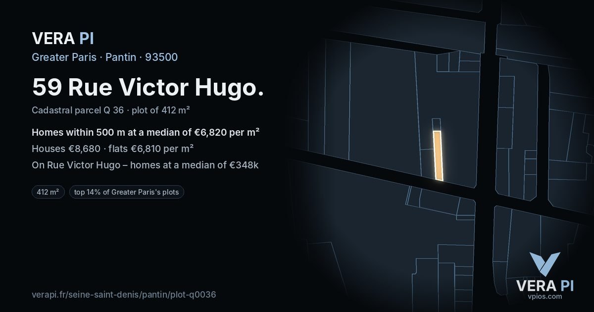 59 Rue Victor Hugo, Pantin at night – the plot lit, the parcels around coloured by the prices near them