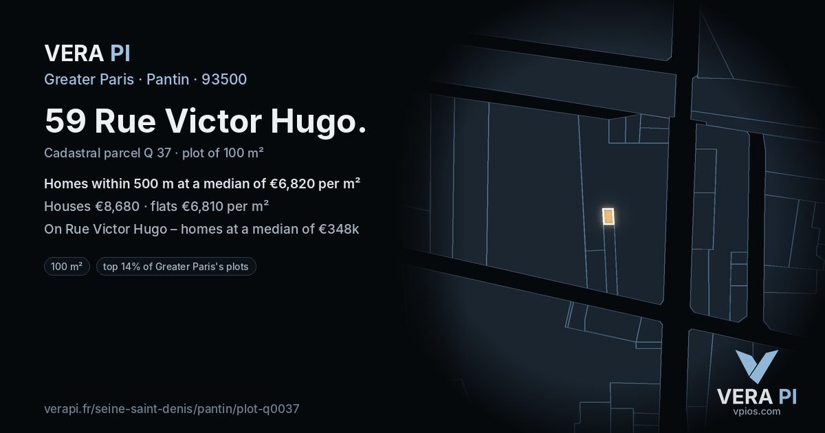 59 Rue Victor Hugo, Pantin at night – the plot lit, the parcels around coloured by the prices near them