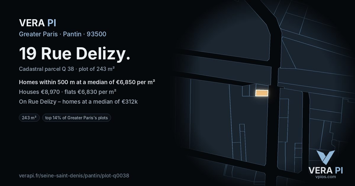 19 Rue Delizy, Pantin at night – the plot lit, the parcels around coloured by the prices near them