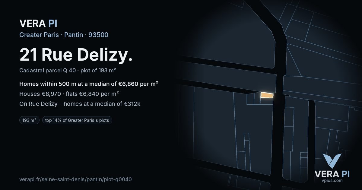 21 Rue Delizy, Pantin at night – the plot lit, the parcels around coloured by the prices near them