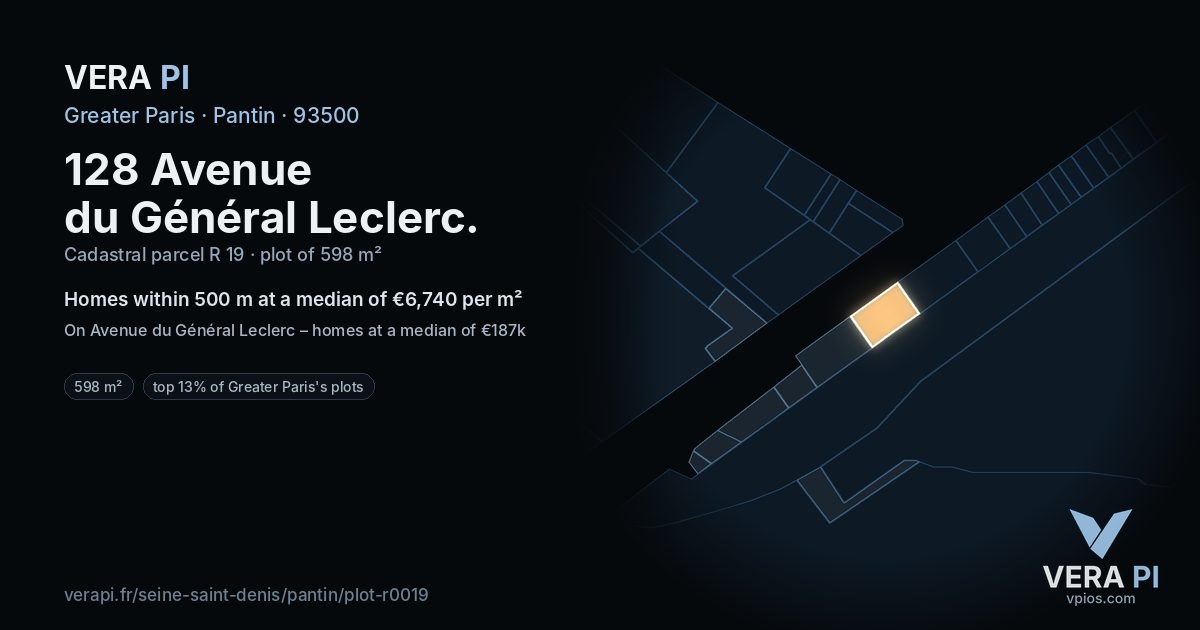 128 Avenue du Général Leclerc, Pantin at night – the plot lit, the parcels around coloured by the prices near them
