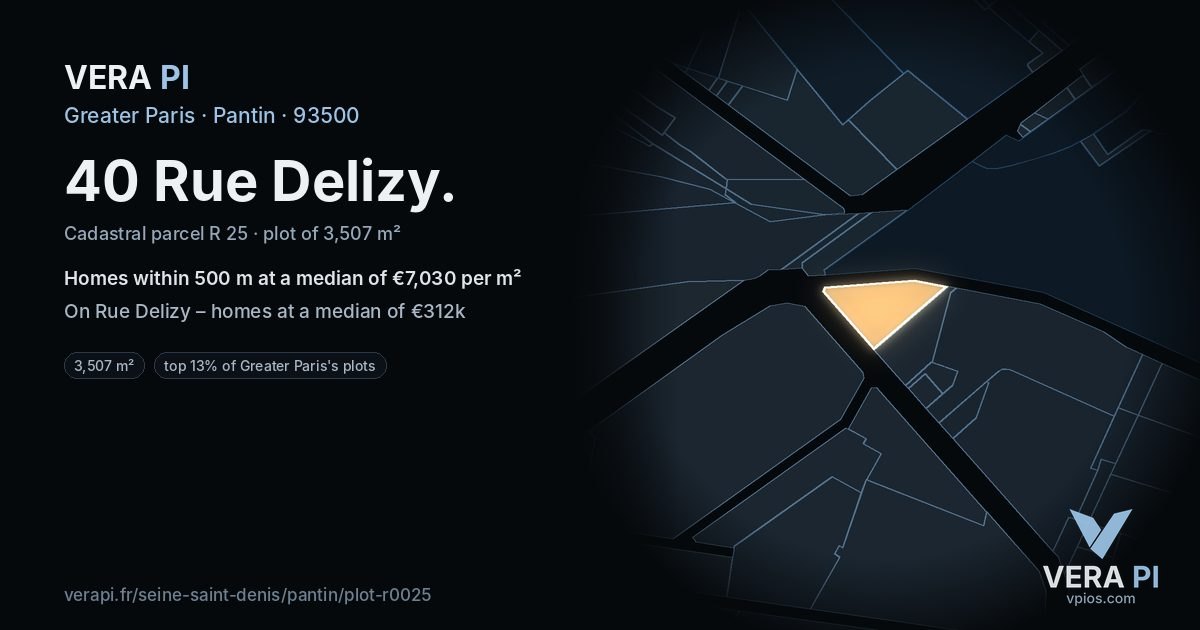 40 Rue Delizy, Pantin at night – the plot lit, the parcels around coloured by the prices near them