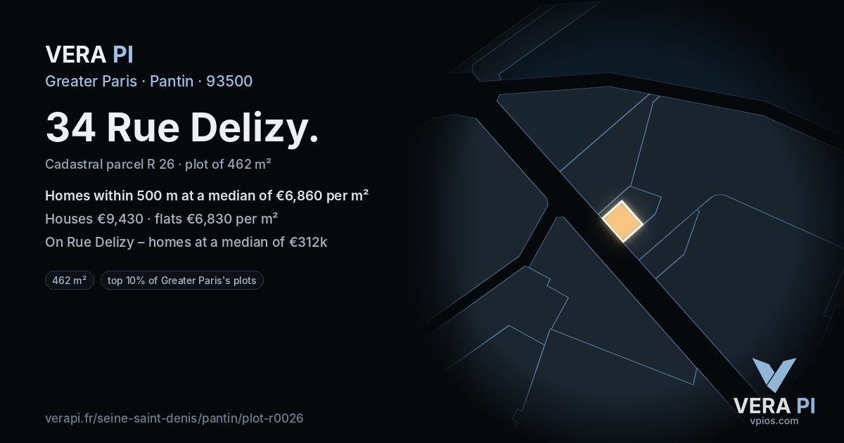 34 Rue Delizy, Pantin at night – the plot lit, the parcels around coloured by the prices near them