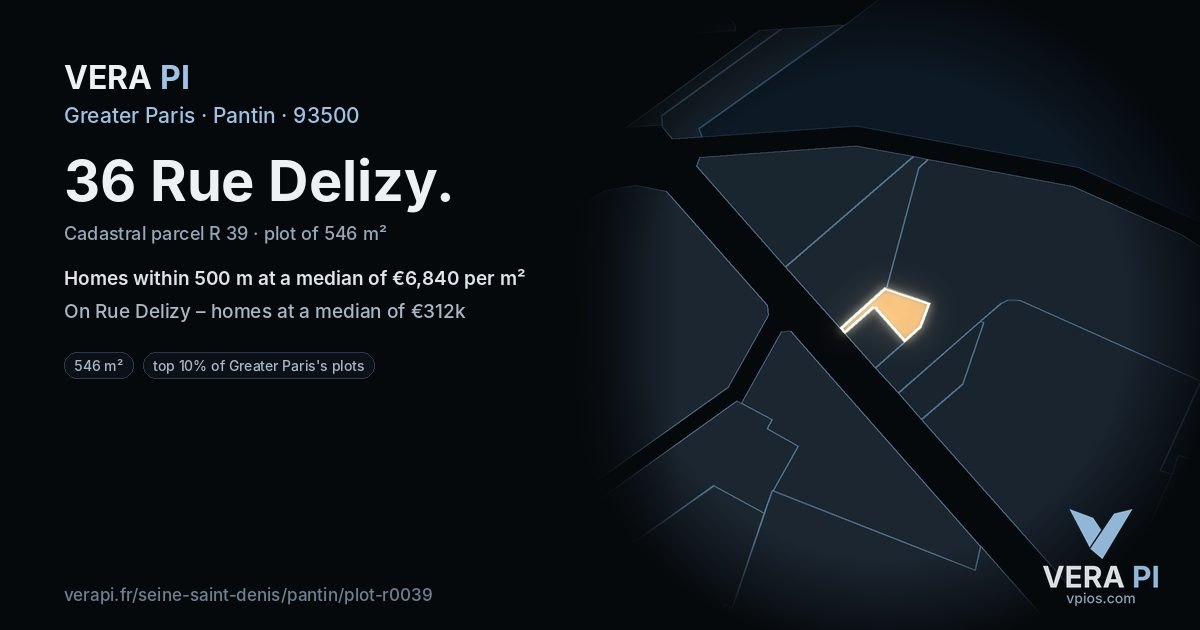 36 Rue Delizy, Pantin at night – the plot lit, the parcels around coloured by the prices near them