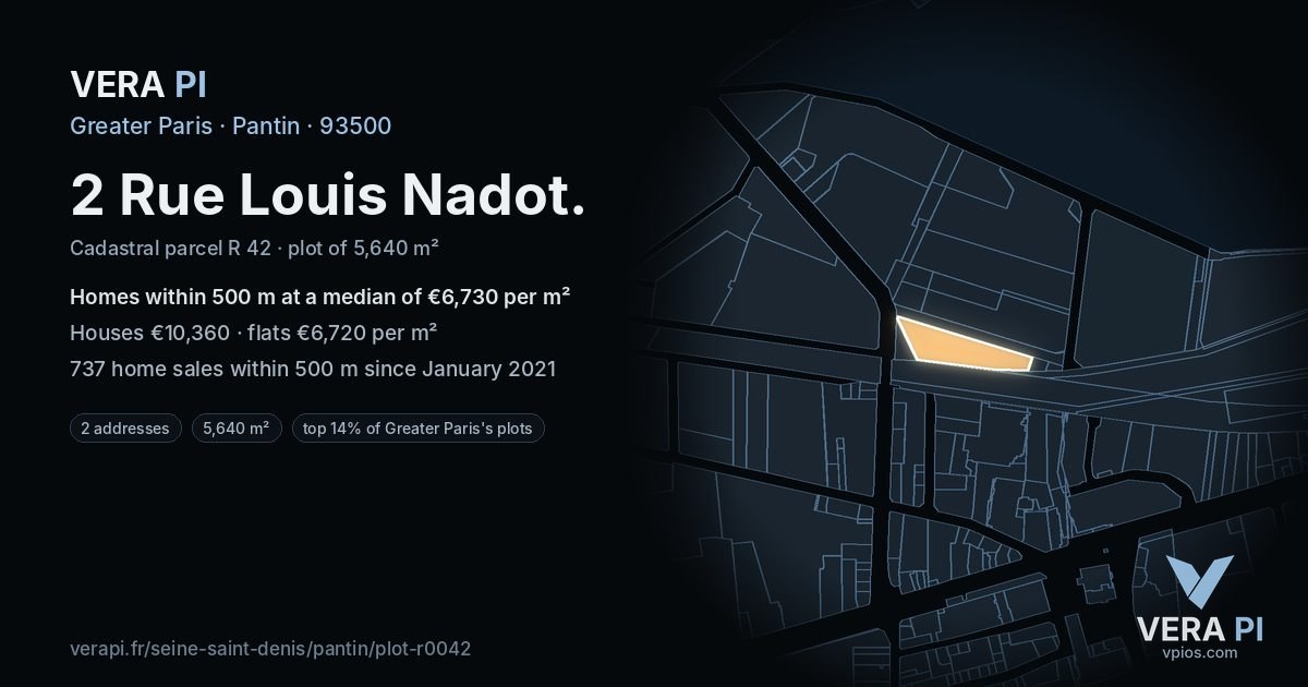 2 Rue Louis Nadot, Pantin at night – the plot lit, the parcels around coloured by the prices near them