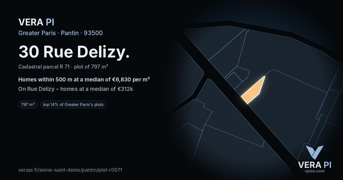 30 Rue Delizy, Pantin at night – the plot lit, the parcels around coloured by the prices near them