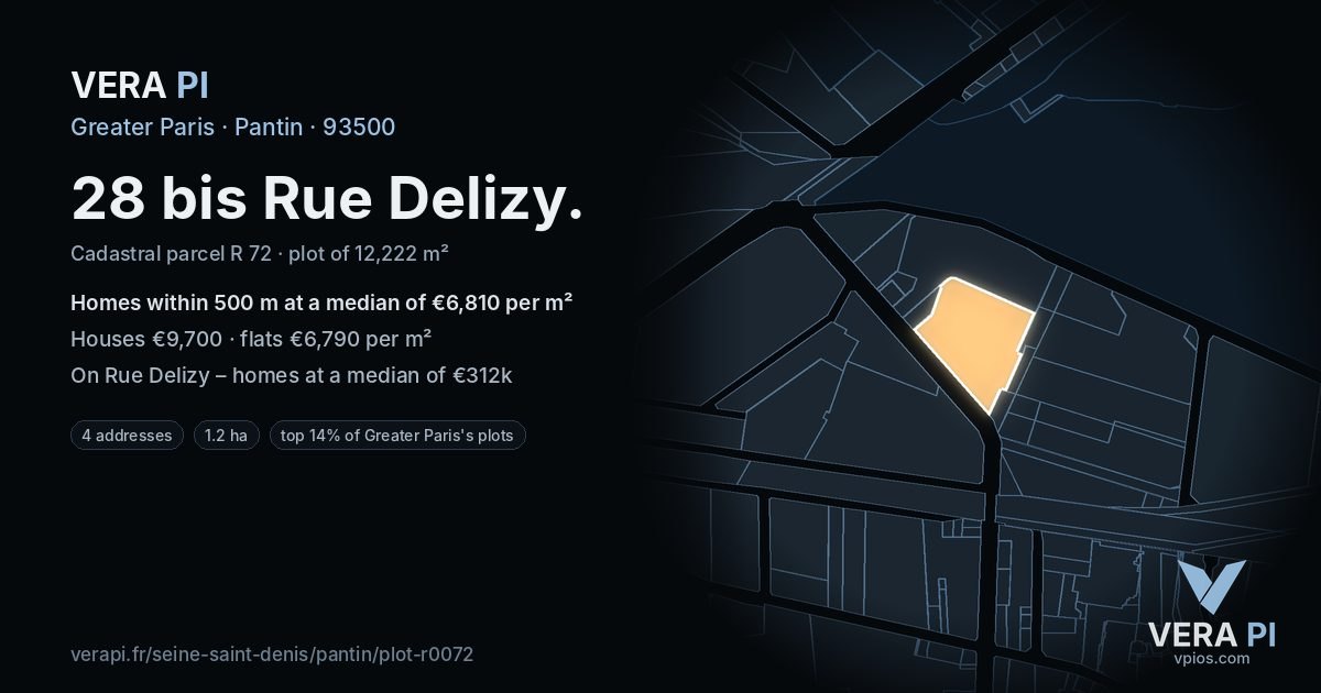 28 bis Rue Delizy, Pantin at night – the plot lit, the parcels around coloured by the prices near them