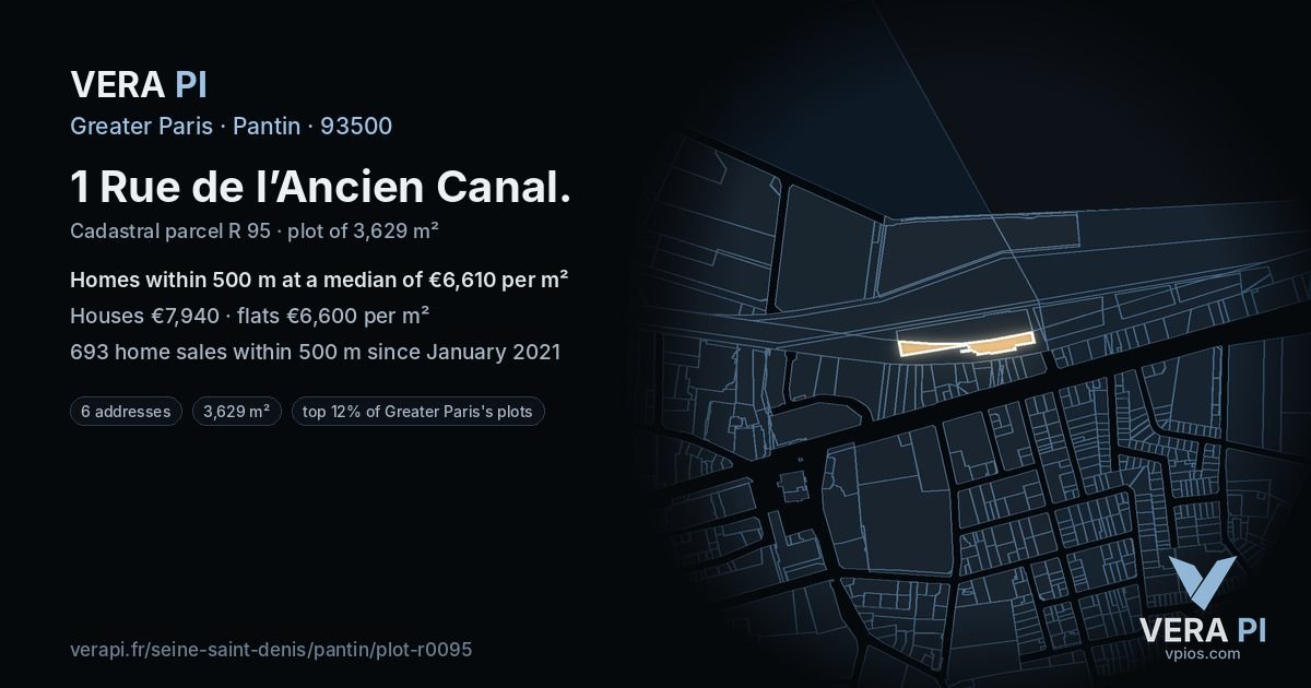 1 Rue de l’Ancien Canal, Pantin at night – the plot lit, the parcels around coloured by the prices near them