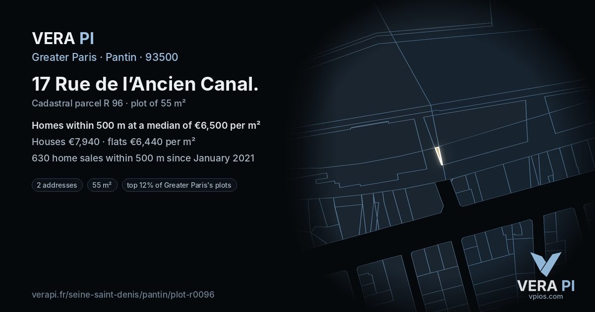 17 Rue de l’Ancien Canal, Pantin at night – the plot lit, the parcels around coloured by the prices near them
