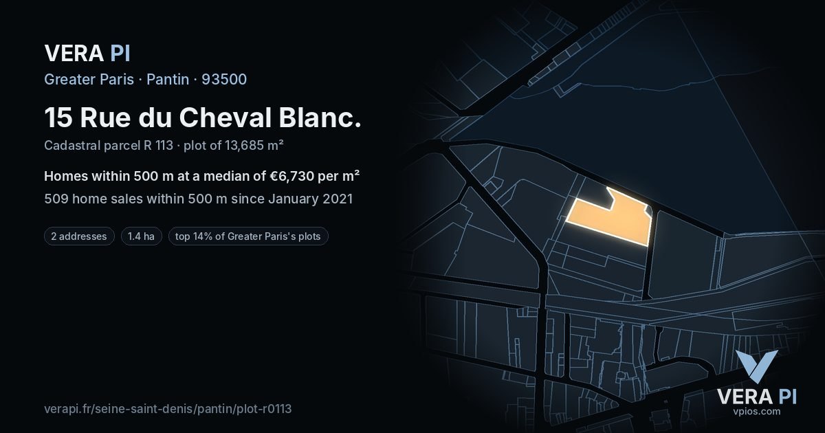 15 Rue du Cheval Blanc, Pantin at night – the plot lit, the parcels around coloured by the prices near them