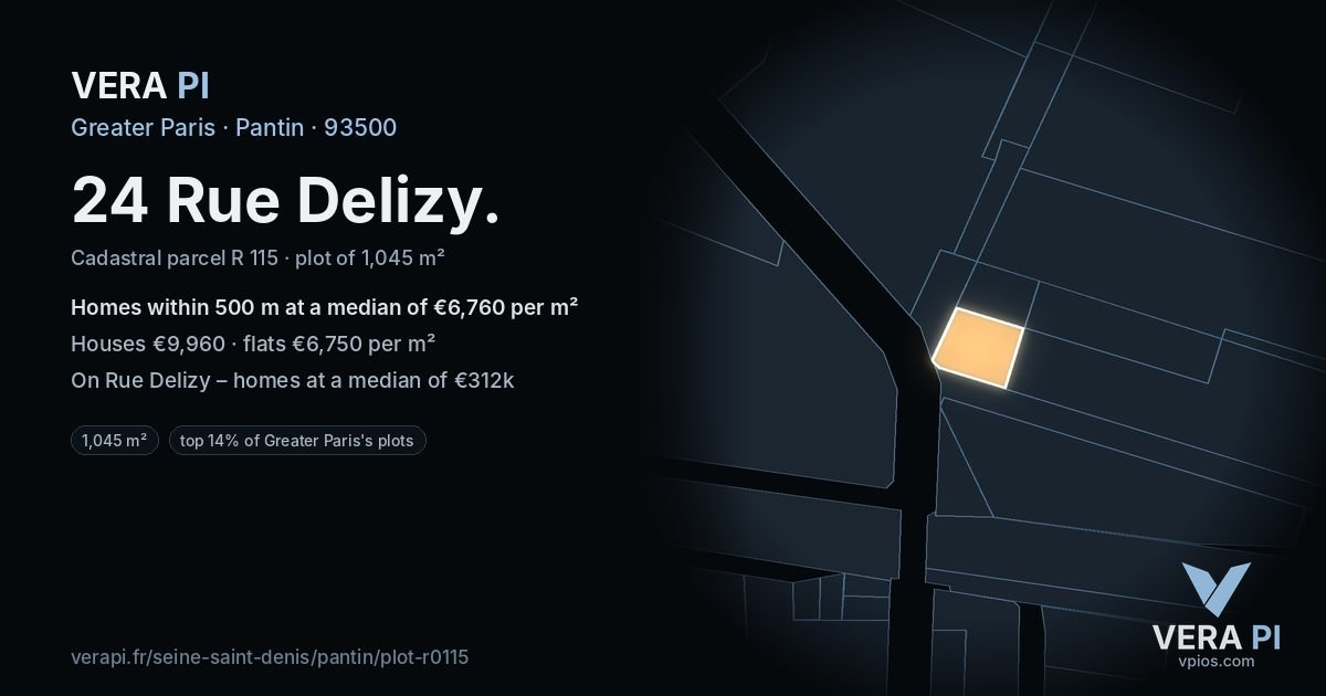24 Rue Delizy, Pantin at night – the plot lit, the parcels around coloured by the prices near them