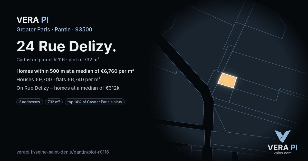 24 Rue Delizy, Pantin at night – the plot lit, the parcels around coloured by the prices near them