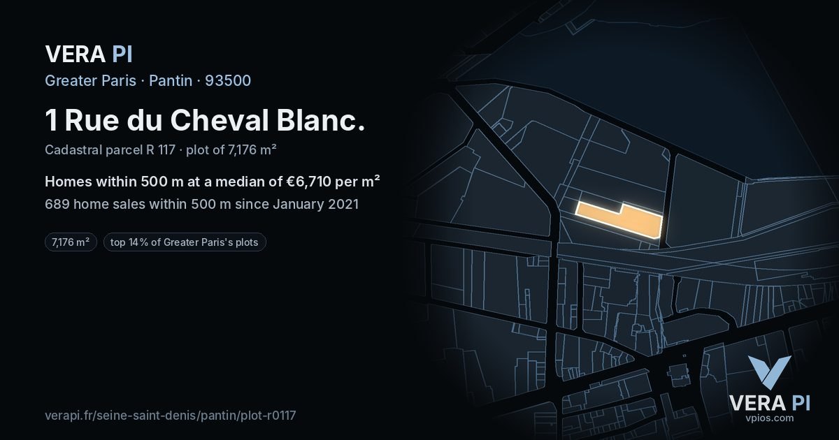 1 Rue du Cheval Blanc, Pantin at night – the plot lit, the parcels around coloured by the prices near them