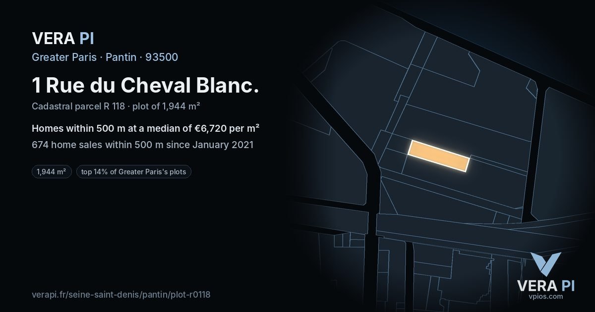 1 Rue du Cheval Blanc, Pantin at night – the plot lit, the parcels around coloured by the prices near them
