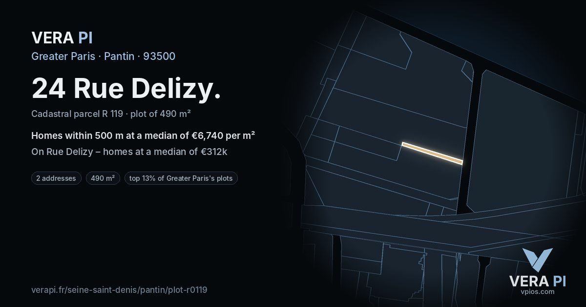 24 Rue Delizy, Pantin at night – the plot lit, the parcels around coloured by the prices near them