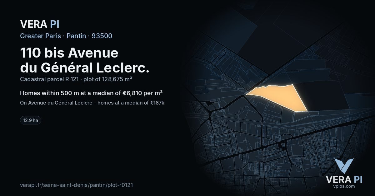 110 bis Avenue du Général Leclerc, Pantin at night – the plot lit, the parcels around coloured by the prices near them