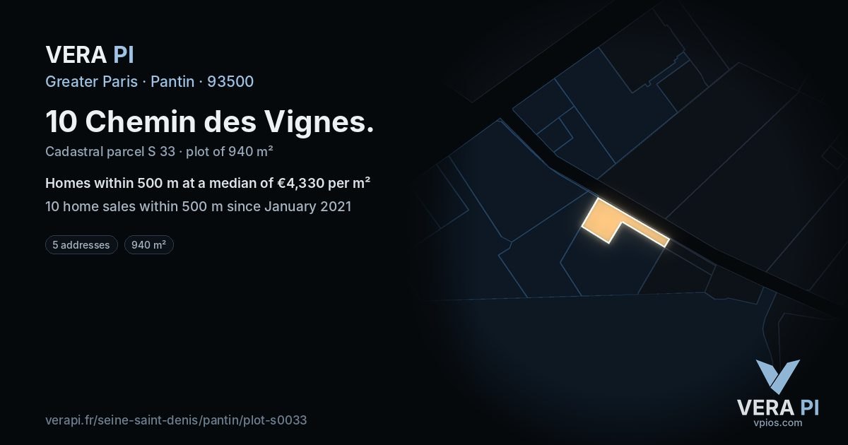 10 Chemin des Vignes, Pantin at night – the plot lit, the parcels around coloured by the prices near them