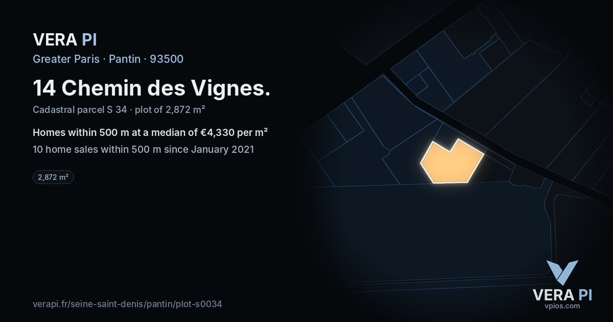 14 Chemin des Vignes, Pantin at night – the plot lit, the parcels around coloured by the prices near them