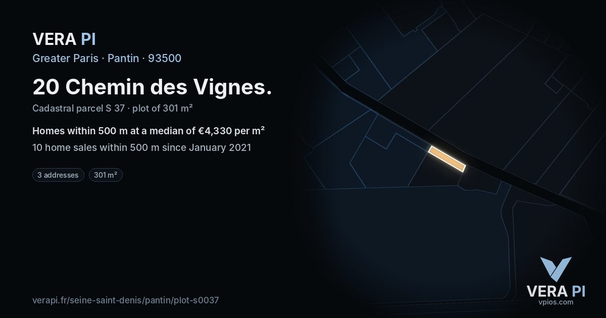 20 Chemin des Vignes, Pantin at night – the plot lit, the parcels around coloured by the prices near them