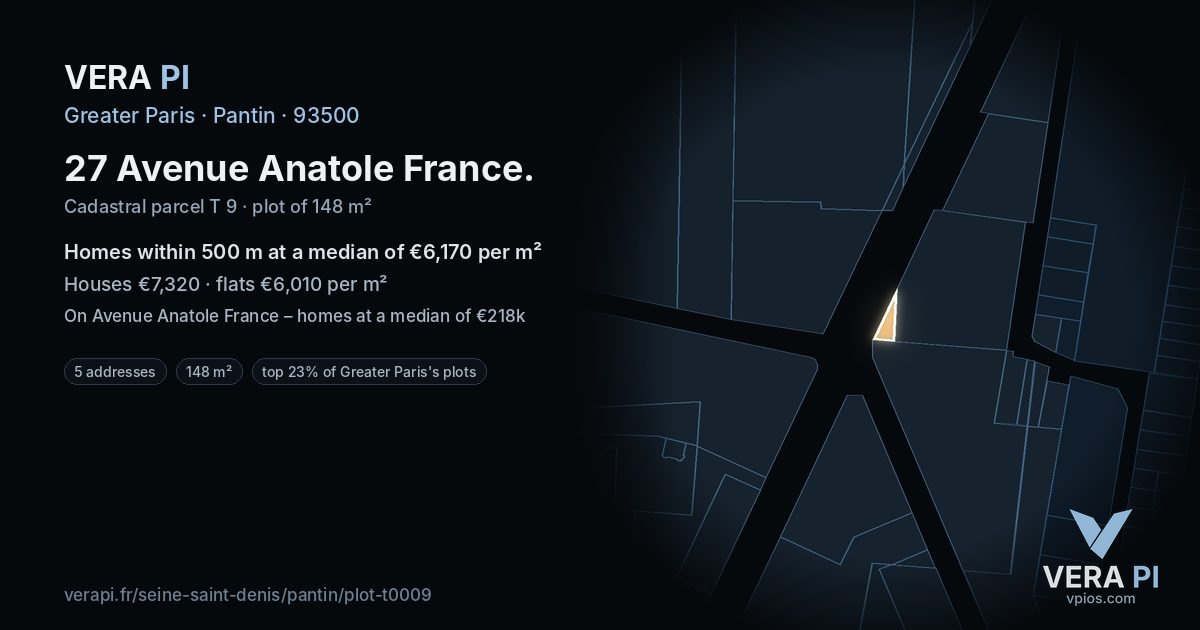 27 Avenue Anatole France, Pantin at night – the plot lit, the parcels around coloured by the prices near them