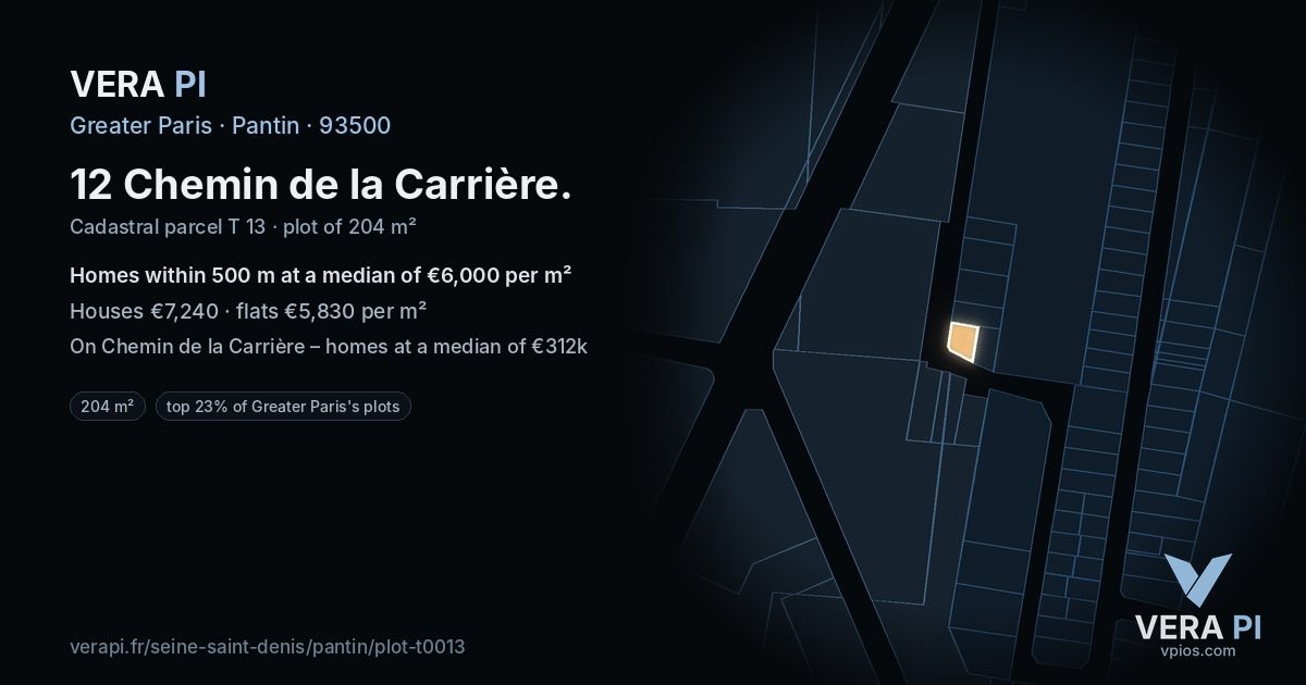 12 Chemin de la Carrière, Pantin at night – the plot lit, the parcels around coloured by the prices near them