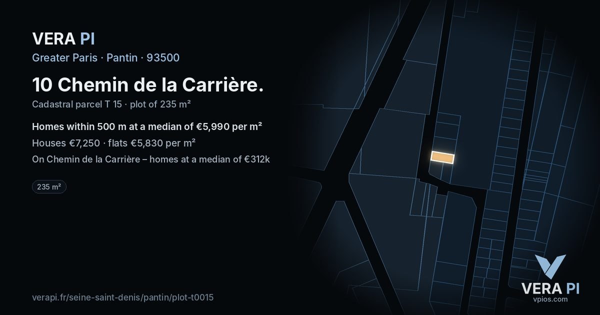 10 Chemin de la Carrière, Pantin at night – the plot lit, the parcels around coloured by the prices near them