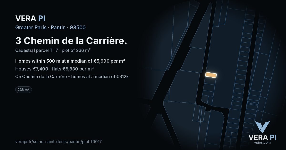 3 Chemin de la Carrière, Pantin at night – the plot lit, the parcels around coloured by the prices near them