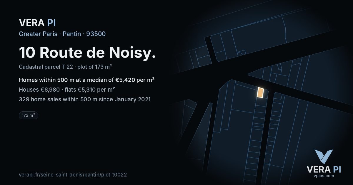 10 Route de Noisy, Pantin at night – the plot lit, the parcels around coloured by the prices near them