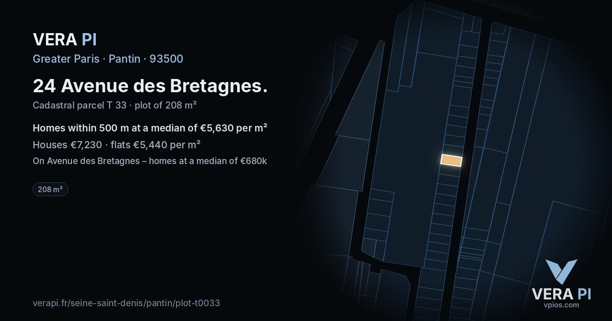 24 Avenue des Bretagnes, Pantin at night – the plot lit, the parcels around coloured by the prices near them