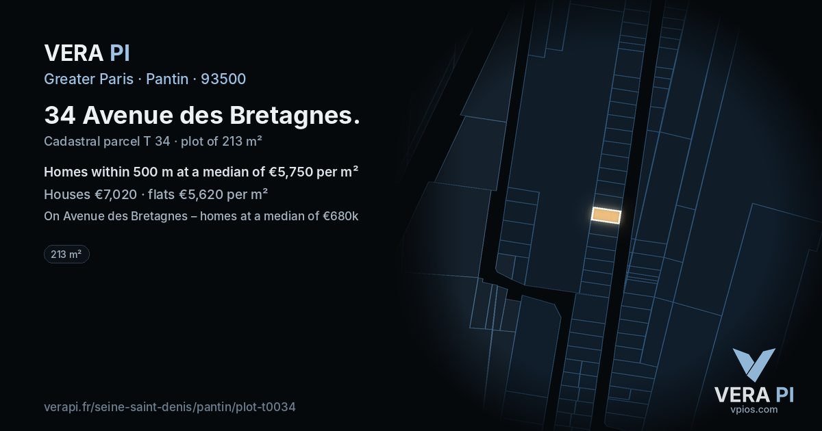 34 Avenue des Bretagnes, Pantin at night – the plot lit, the parcels around coloured by the prices near them