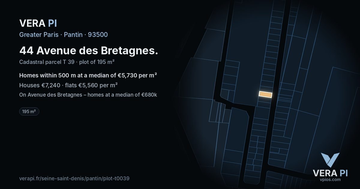 44 Avenue des Bretagnes, Pantin at night – the plot lit, the parcels around coloured by the prices near them