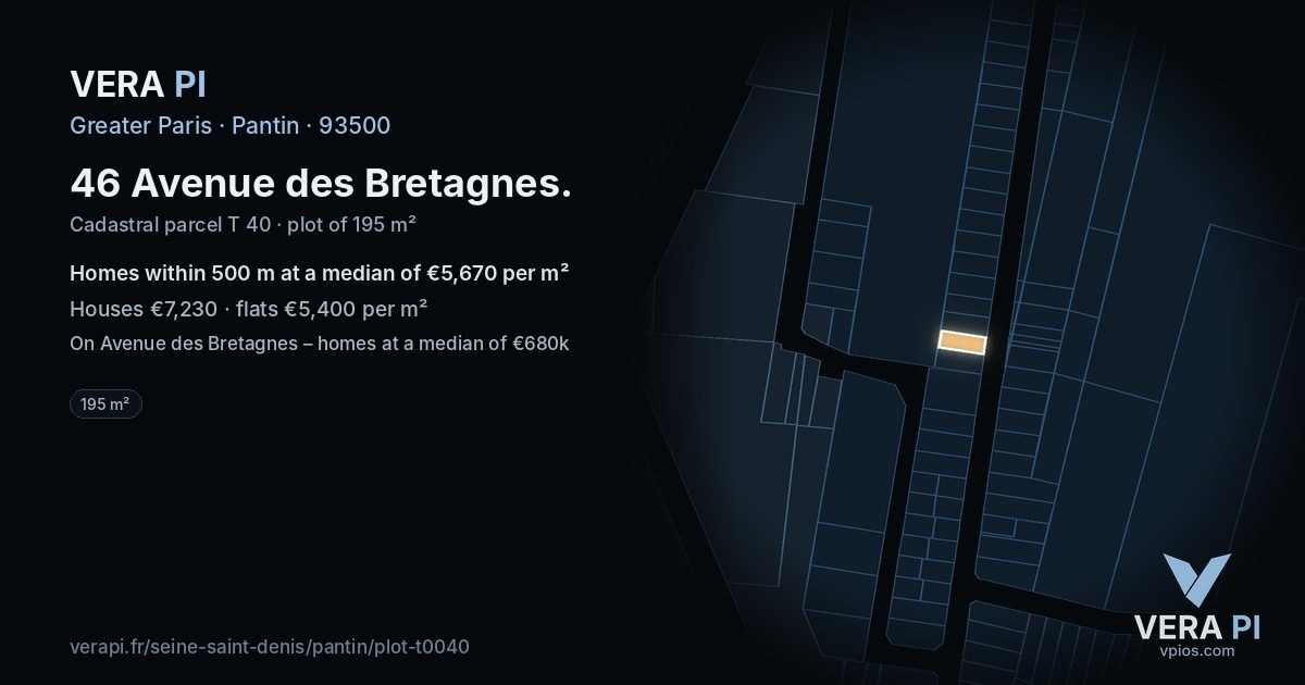 46 Avenue des Bretagnes, Pantin at night – the plot lit, the parcels around coloured by the prices near them