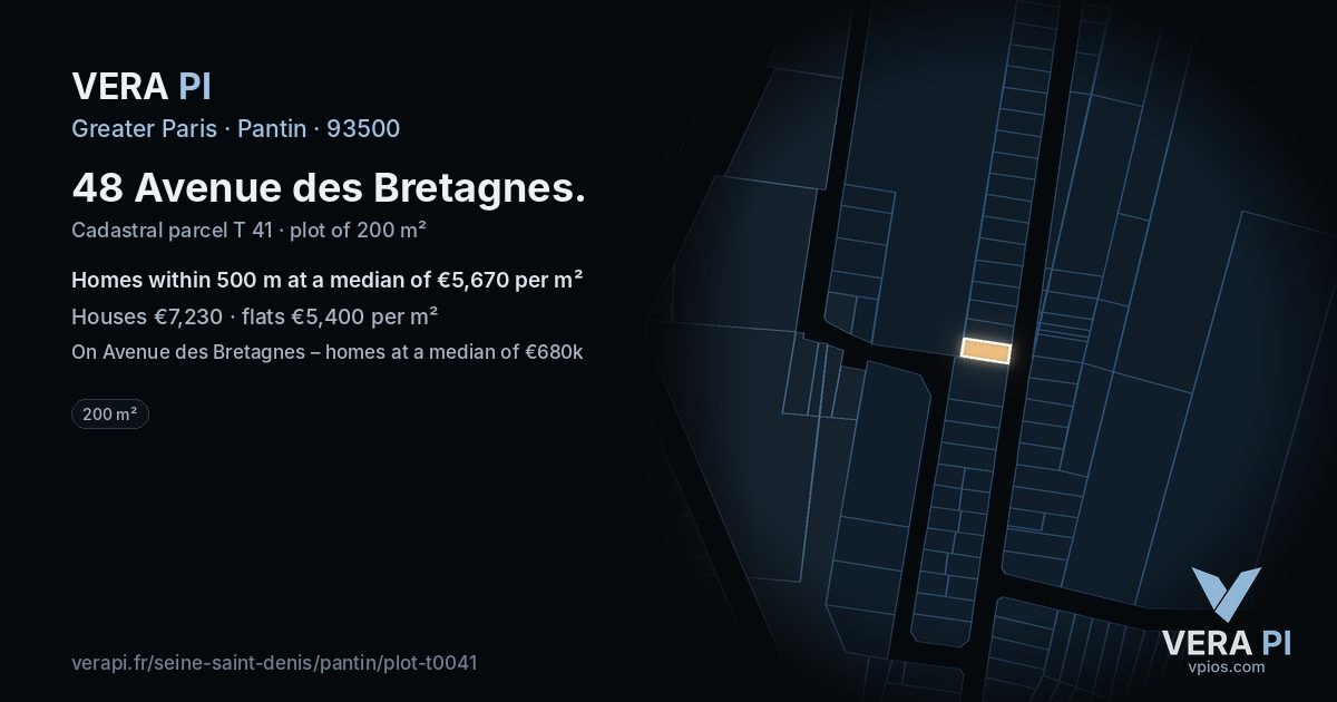48 Avenue des Bretagnes, Pantin at night – the plot lit, the parcels around coloured by the prices near them