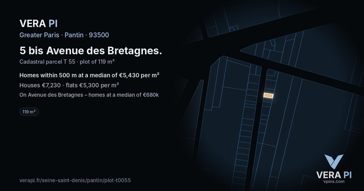 5 bis Avenue des Bretagnes, Pantin at night – the plot lit, the parcels around coloured by the prices near them