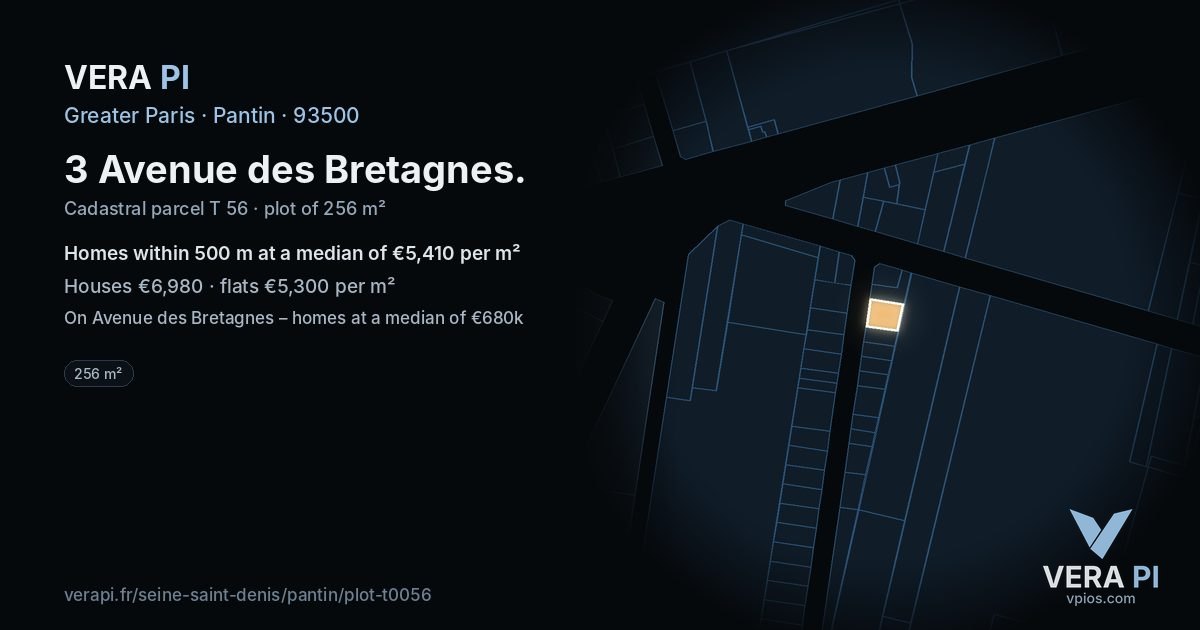 3 Avenue des Bretagnes, Pantin at night – the plot lit, the parcels around coloured by the prices near them