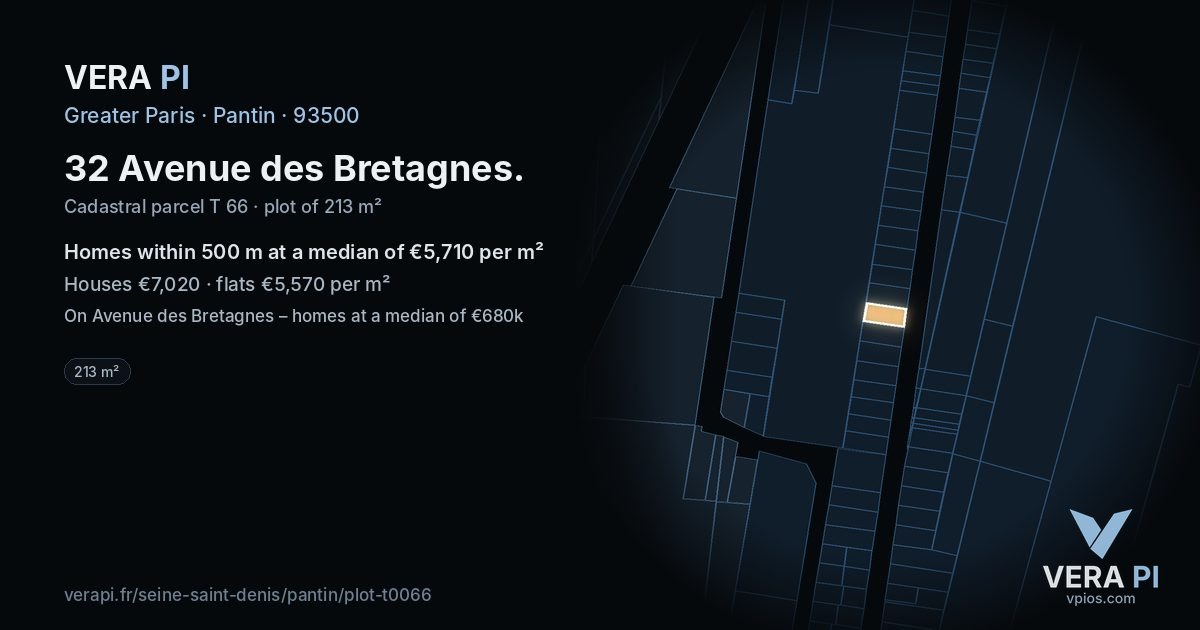 32 Avenue des Bretagnes, Pantin at night – the plot lit, the parcels around coloured by the prices near them