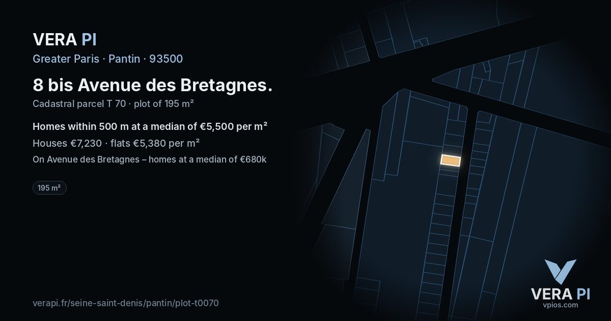 8 bis Avenue des Bretagnes, Pantin at night – the plot lit, the parcels around coloured by the prices near them