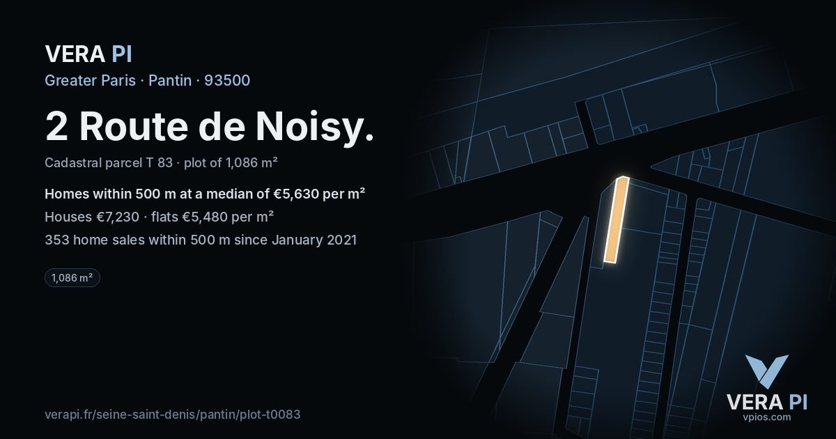 2 Route de Noisy, Pantin at night – the plot lit, the parcels around coloured by the prices near them