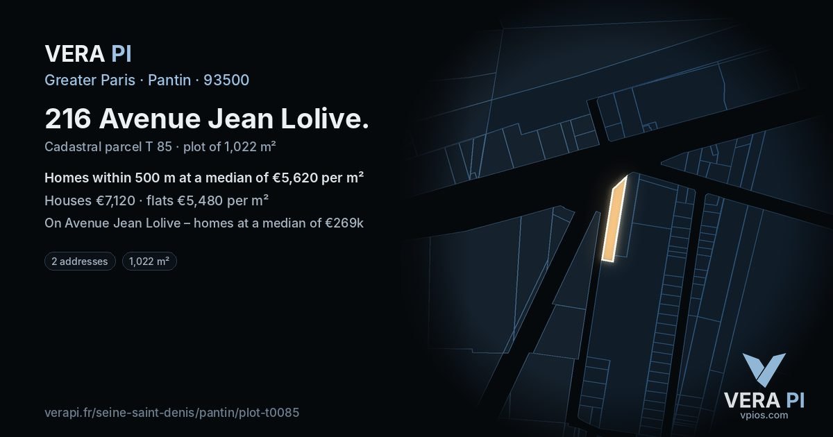216 Avenue Jean Lolive, Pantin at night – the plot lit, the parcels around coloured by the prices near them