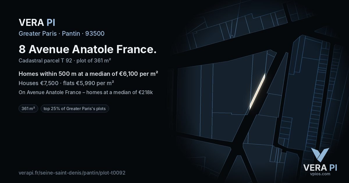 8 Avenue Anatole France, Pantin at night – the plot lit, the parcels around coloured by the prices near them