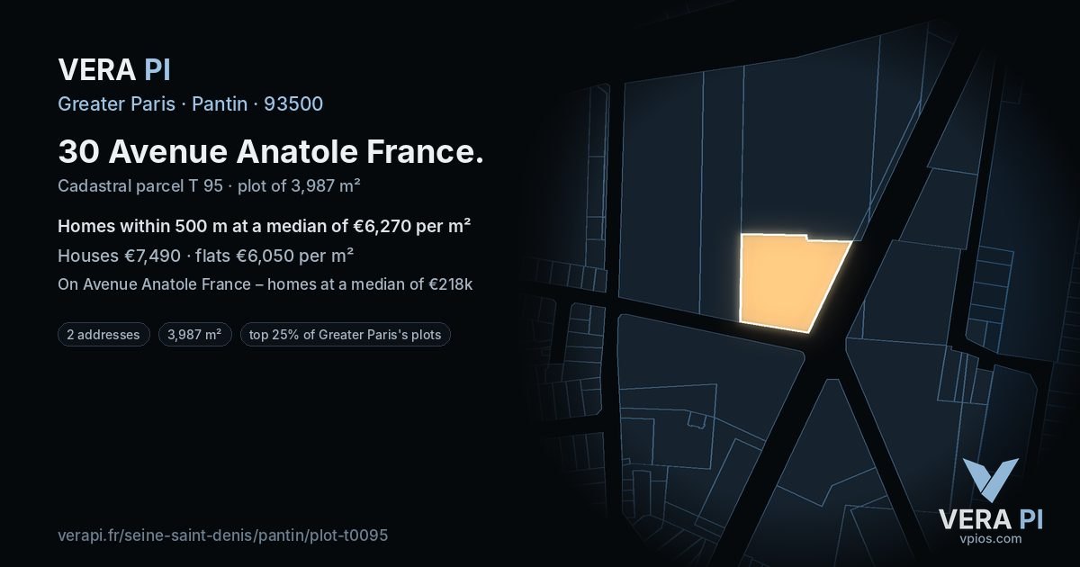 30 Avenue Anatole France, Pantin at night – the plot lit, the parcels around coloured by the prices near them