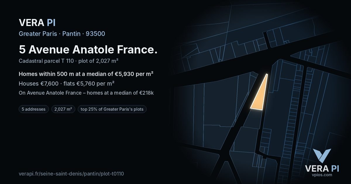 5 Avenue Anatole France, Pantin at night – the plot lit, the parcels around coloured by the prices near them