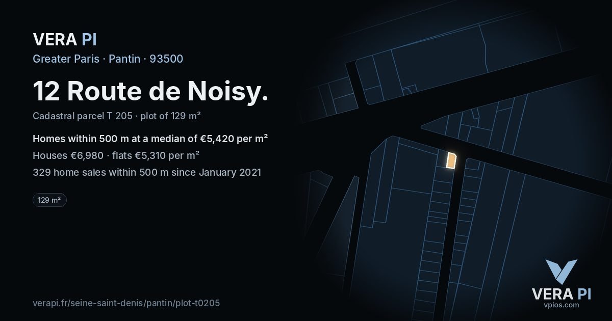 12 Route de Noisy, Pantin at night – the plot lit, the parcels around coloured by the prices near them